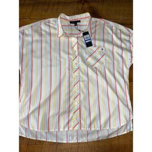 NWT Womens Tommy Hilfiger Striped Short Sleeve Button Down‎ Blouse Size XL